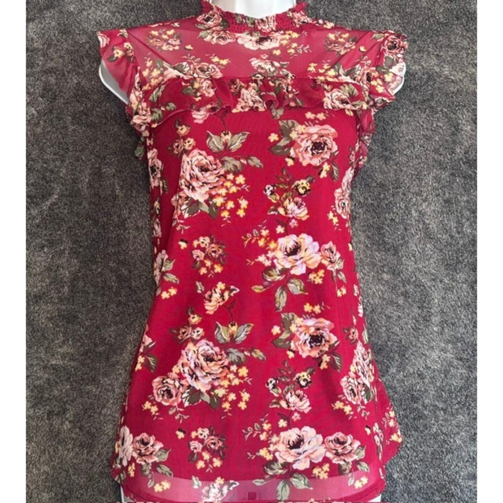 Crave Fame by Almost Famous Womens Floral Ruffle Sleeveless Blouse Red M